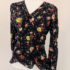 NWT - Veronica Beard - Black Floral Silk V-Neck Wrap Top, Size 6